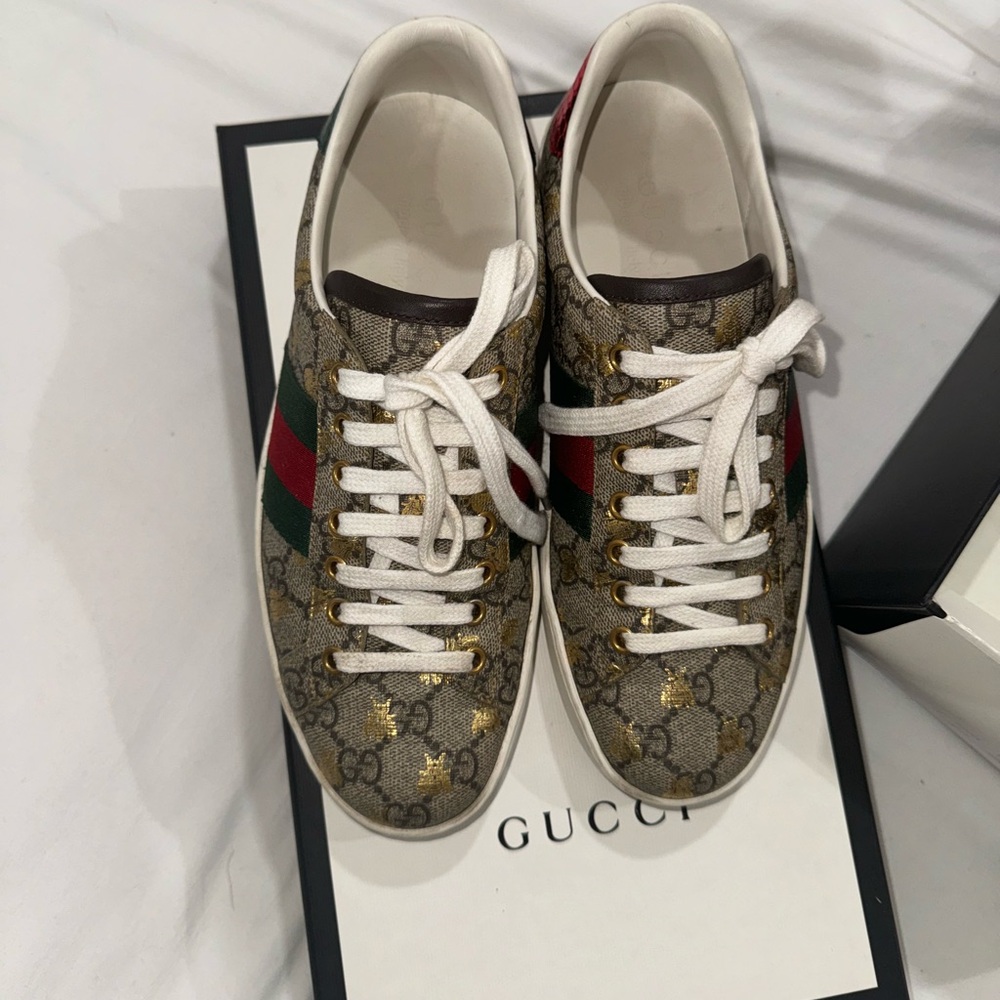 Gucci Brown GG Supreme Sneakers with Green & Red Web and Gold Bee Motif